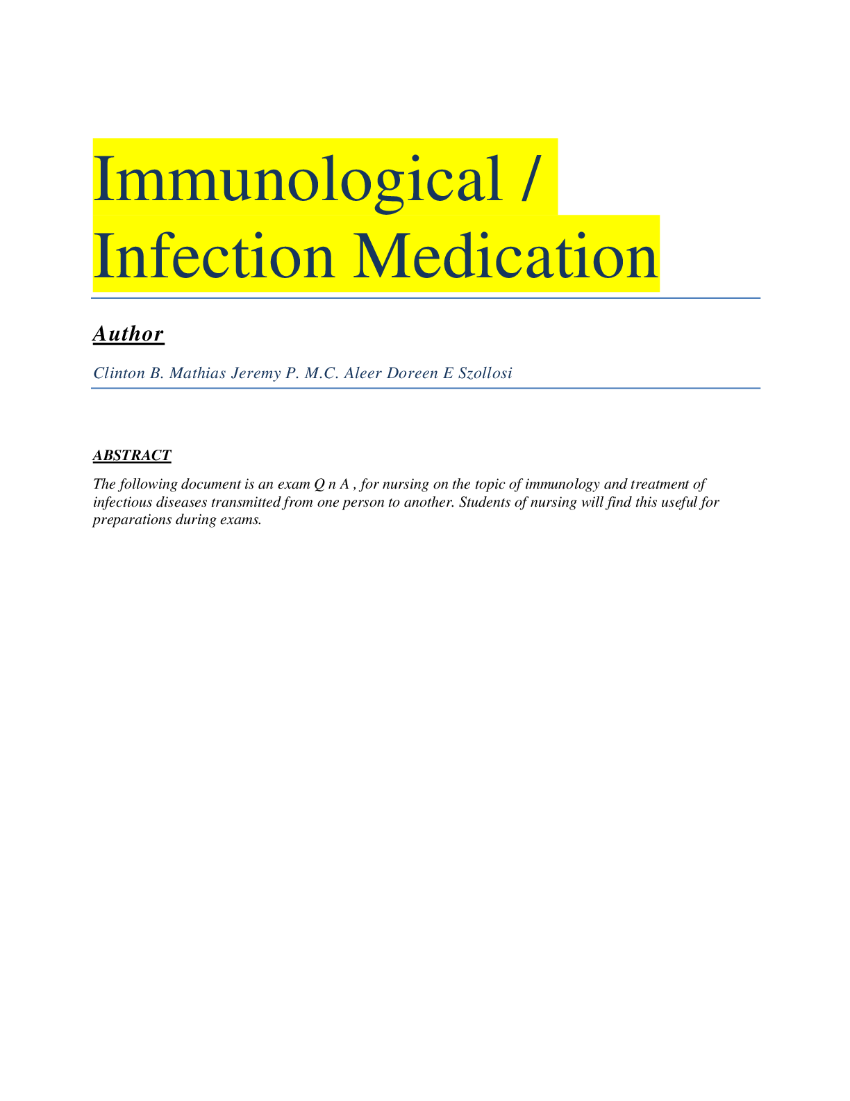 Preview of Revision 2021 Immunological Infection Medication Test Bank